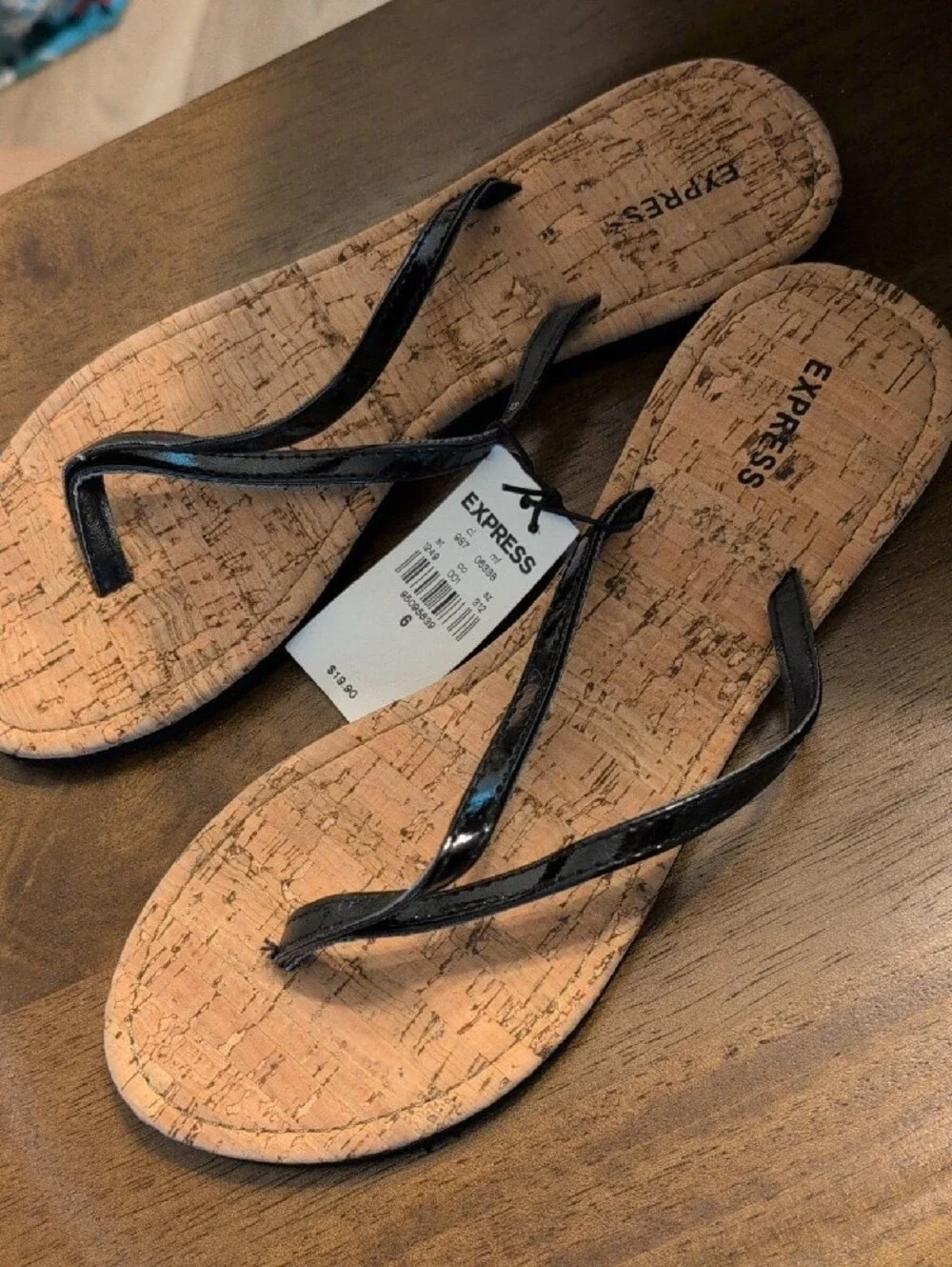 Express Black Patent-Strap Cork-Print Flip Flop Sandals